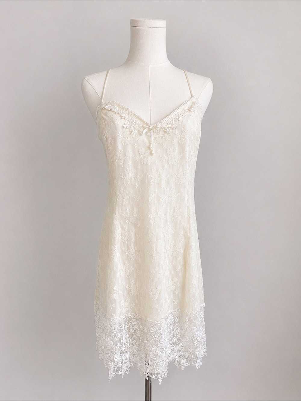 Vintage Lingerie Cacique Ivory Floral Lace Slip Dress Nightgown Size L
